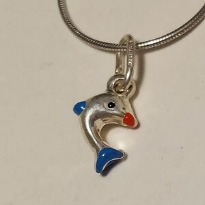 Sterling Silver Dolphin Painted Fins Nose Eyes Pendant Necklace 15" Chain Gift